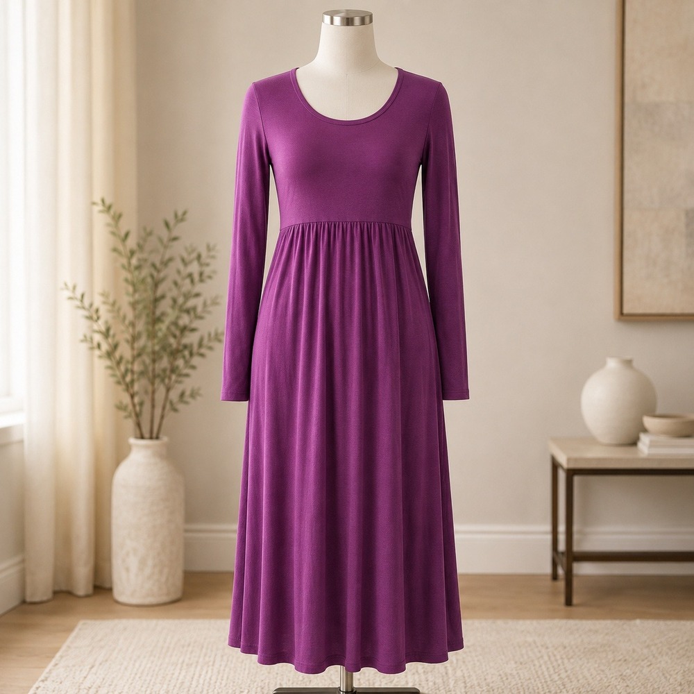 Joan Rivers Knit Midi Dress XSP Purple Long Sleeve Empire Waist Scoop Neck